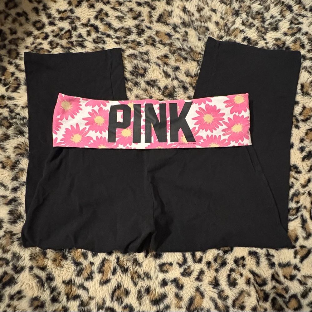 Victoria's Secret PINK Black Yoga Pants with Floral Waistband